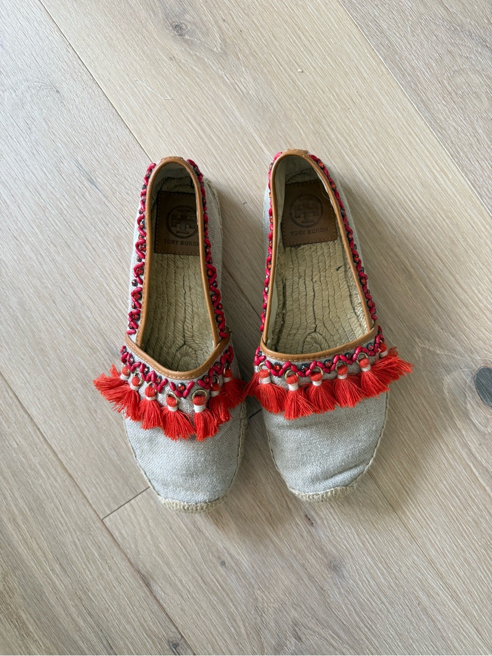 Tory Burch Natural Canvas Espadrilles with Red Tassel Trim